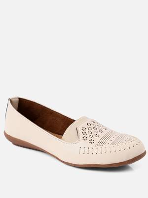 Kiana Women's Off-White Canvas Laser cut Round Shape Casual Bellies 4