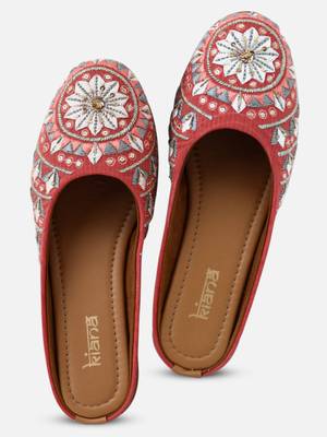 Kiana Women's Peach Canvas Embroidered Round Shape Casual Bellies 2