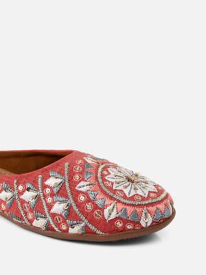 Kiana Women's Peach Canvas Embroidered Round Shape Casual Bellies 3