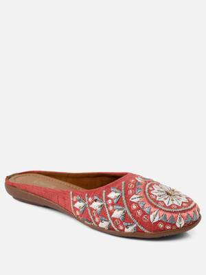 Kiana Women's Peach Canvas Embroidered Round Shape Casual Bellies 4
