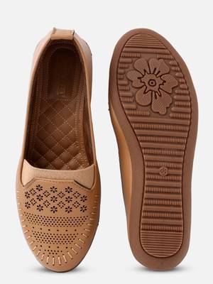Kiana Women's Light Brown Canvas Laser cut Round Shape Casual Bellies 1