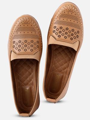 Kiana Women's Light Brown Canvas Laser cut Round Shape Casual Bellies 2