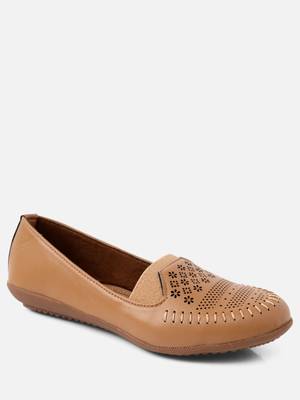 Kiana Women's Light Brown Canvas Laser cut Round Shape Casual Bellies 4