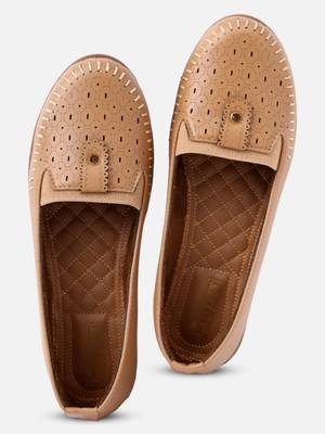 Kiana Women's Light Brown Canvas Laser cut Round Shape Casual Bellies 2