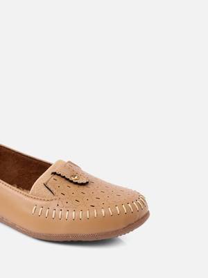 Kiana Women's Light Brown Canvas Laser cut Round Shape Casual Bellies 3