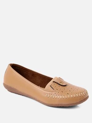 Kiana Women's Light Brown Canvas Laser cut Round Shape Casual Bellies 4