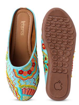 Kiana Women's Cyan Canvas Embroidered Round Shape Casual Bellies 1