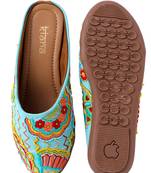 Kiana Women's Cyan Canvas Embroidered Round Shape Casual Bellies