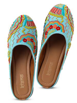 Kiana Women's Cyan Canvas Embroidered Round Shape Casual Bellies 2