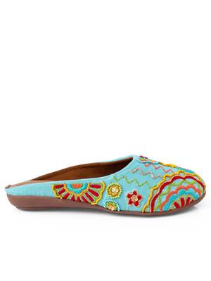Kiana Women's Cyan Canvas Embroidered Round Shape Casual Bellies 3