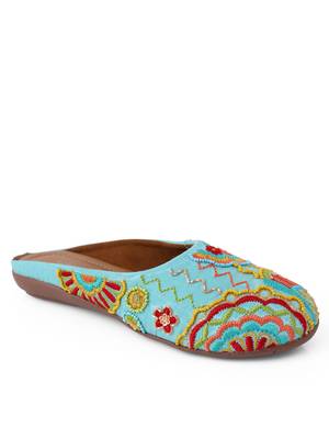 Kiana Women's Cyan Canvas Embroidered Round Shape Casual Bellies 4