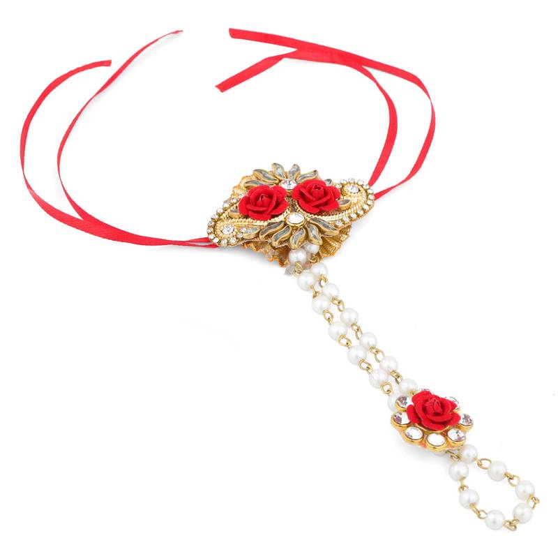Red Floral Fabric Handmade Wrist band Bhaiya Bhabhi Sister Rakhi Hathphool Handharness