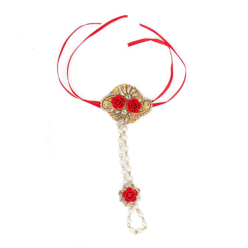 Red Floral Fabric Handmade Wrist band Bhaiya Bhabhi Sister Rakhi Hathphool Handharness