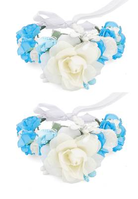 Floral White & Blue Rose Flower Fabric Handmade Wrist Band Bracelet for Women/Men/Kids - Pack of 2 1