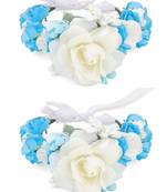 Floral White & Blue Rose Flower Fabric Handmade Wrist Band Bracelet for Women/Men/Kids - Pack of 2