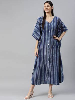 Blue printed cotton long-dresses 1