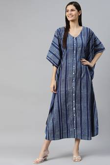 Blue printed cotton long-dresses