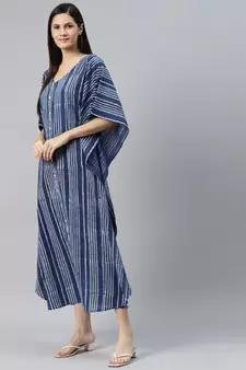 Blue printed cotton long-dresses