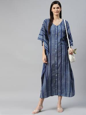 Blue printed cotton long-dresses 5