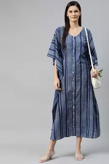 Blue printed cotton long-dresses