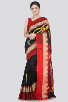 PinkLoom Women's Black Printed Cotton Saree With Blouse