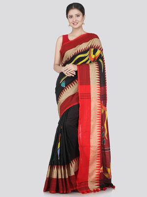 PinkLoom Women's Black Printed Cotton Saree With Blouse 1