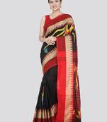 PinkLoom Women's Black Printed Cotton Saree With Blouse