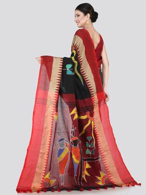 PinkLoom Women's Black Printed Cotton Saree With Blouse 2