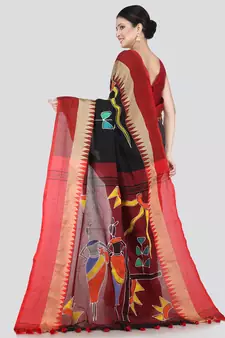 PinkLoom Women's Black Printed Cotton Saree With Blouse