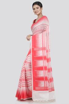 PinkLoom Women's White Printed Cotton Saree With Blouse