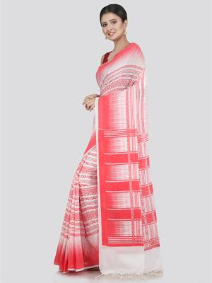 PinkLoom Women's White Printed Cotton Saree With Blouse 1