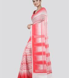 PinkLoom Women's White Printed Cotton Saree With Blouse