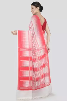 PinkLoom Women's White Printed Cotton Saree With Blouse