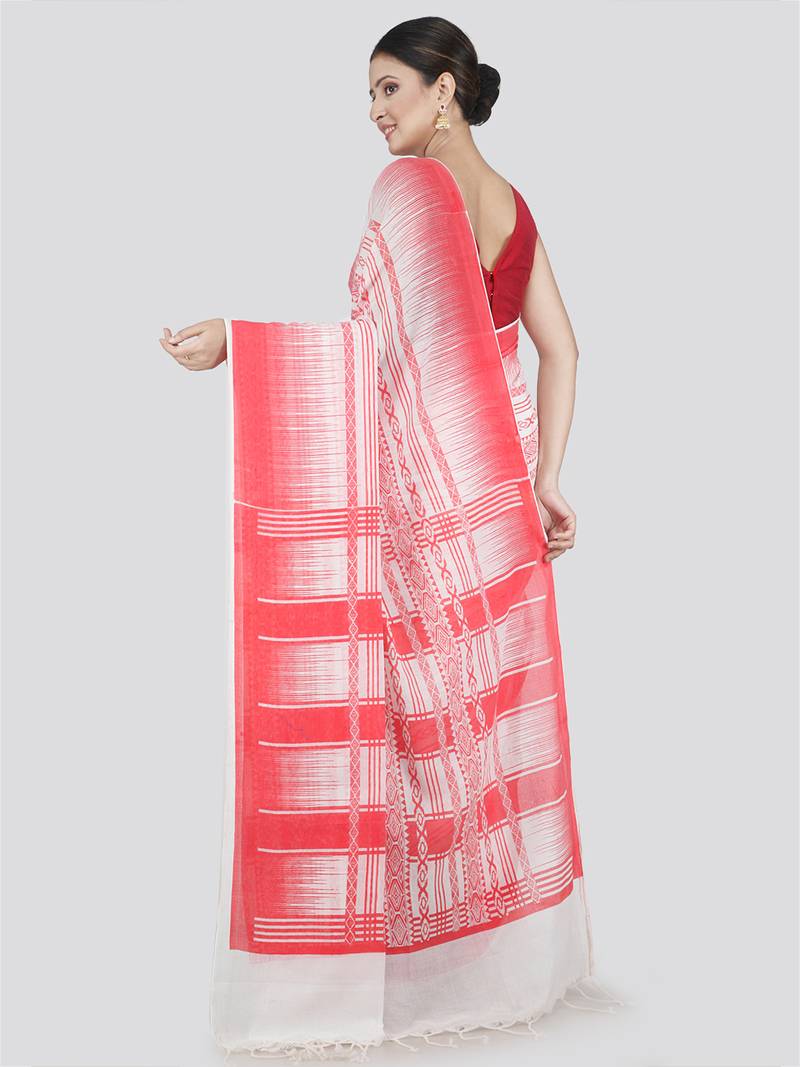 PinkLoom Women's White Printed Cotton Saree With Blouse