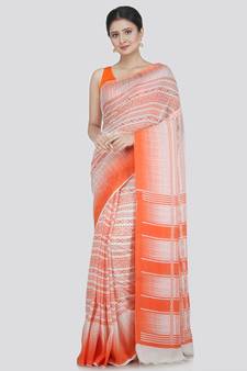 PinkLoom Women's White Printed Cotton Saree With Blouse