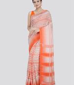 PinkLoom Women's White Printed Cotton Saree With Blouse