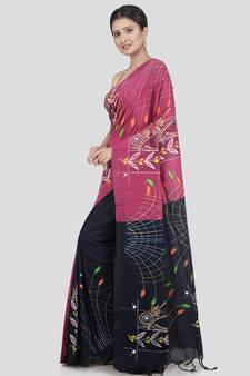 PinkLoom Women's Pink Printed Cotton Saree With Blouse