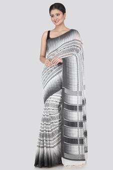 PinkLoom Women's White Printed Cotton Saree With Blouse