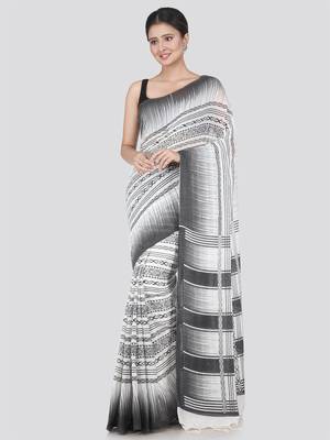 PinkLoom Women's White Printed Cotton Saree With Blouse 1