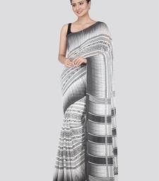 PinkLoom Women's White Printed Cotton Saree With Blouse