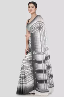 PinkLoom Women's White Printed Cotton Saree With Blouse
