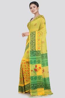 PinkLoom Women's Yellow Printed Cotton Saree With Blouse
