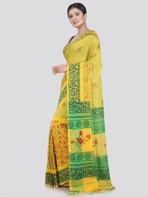 PinkLoom Women's Yellow Printed Cotton Saree With Blouse 1