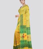 PinkLoom Women's Yellow Printed Cotton Saree With Blouse