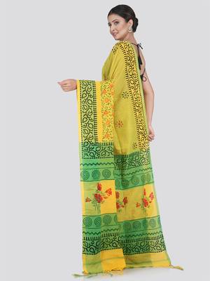 PinkLoom Women's Yellow Printed Cotton Saree With Blouse 2