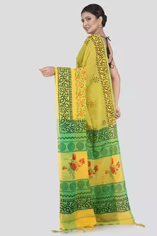 PinkLoom Women's Yellow Printed Cotton Saree With Blouse