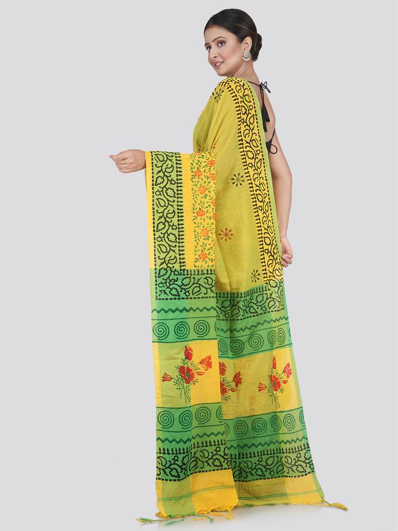 PinkLoom Women's Yellow Printed Cotton Saree With Blouse