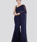 PinkLoom Women's Blue Plain Linen Saree With Blouse