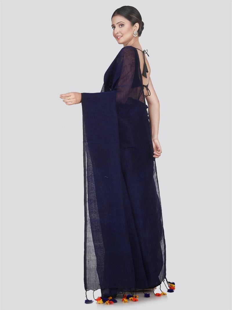 PinkLoom Women's Blue Plain Linen Saree With Blouse
