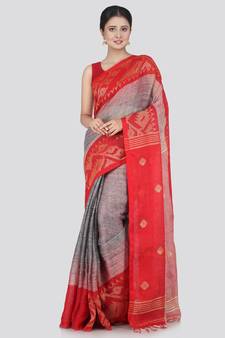 PinkLoom Women's Grey Hand_Woven Linen Saree With Blouse